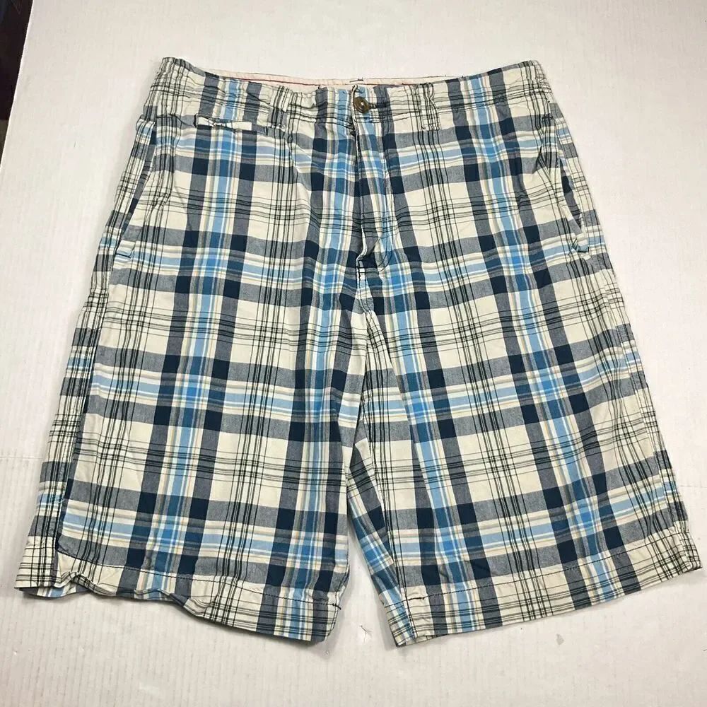 American Eagle Mens Longer Length Shorts Plaid Casual Summer Zip Up Size 33
